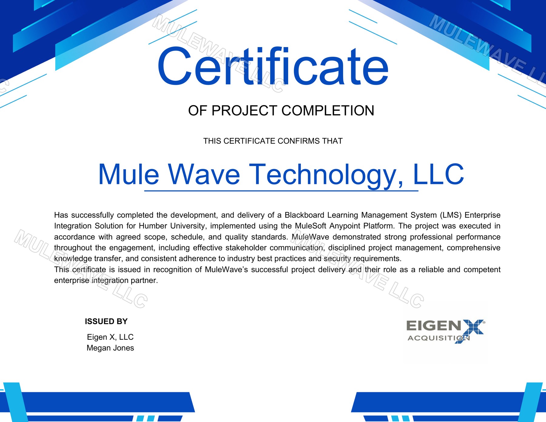 Blackboard LMS Integration for Humber University certificate, Eigen X, LLC